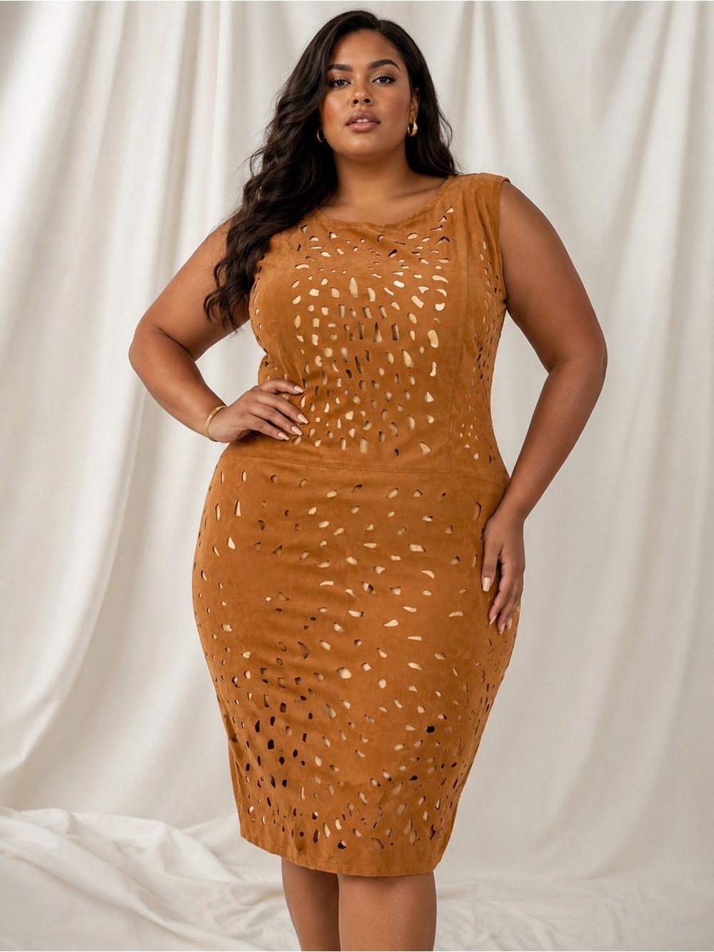Cato Woman Laser Cut Faux Suede Sheath Dress Camel Tan Sleeveless Lined (1339)